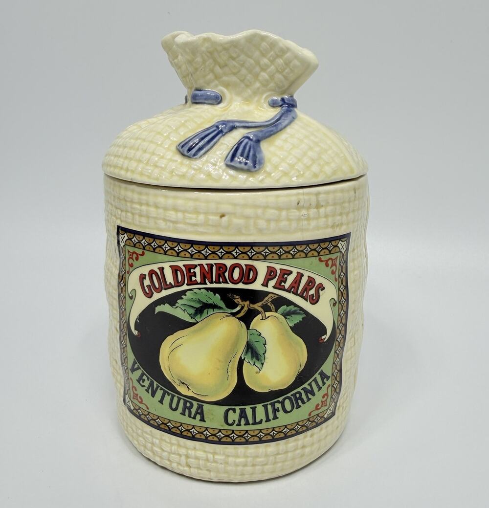Vintage Hearth Home Goldenrod Pears Burlap Sack Kitchen Canister Jar 8" Ceramic